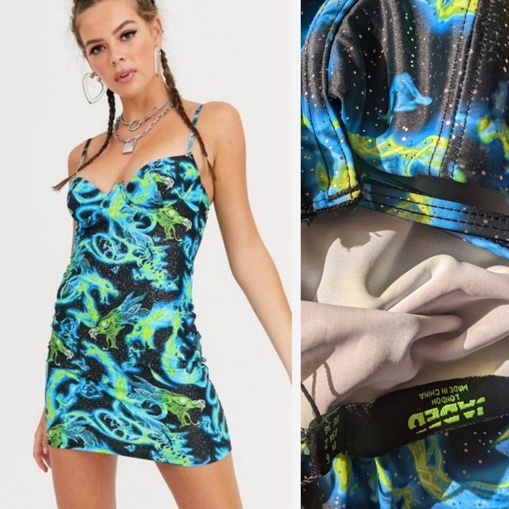 Nwt y2k BRAT green print bustierJaded London blue green dragon dress US 2 Uk 6